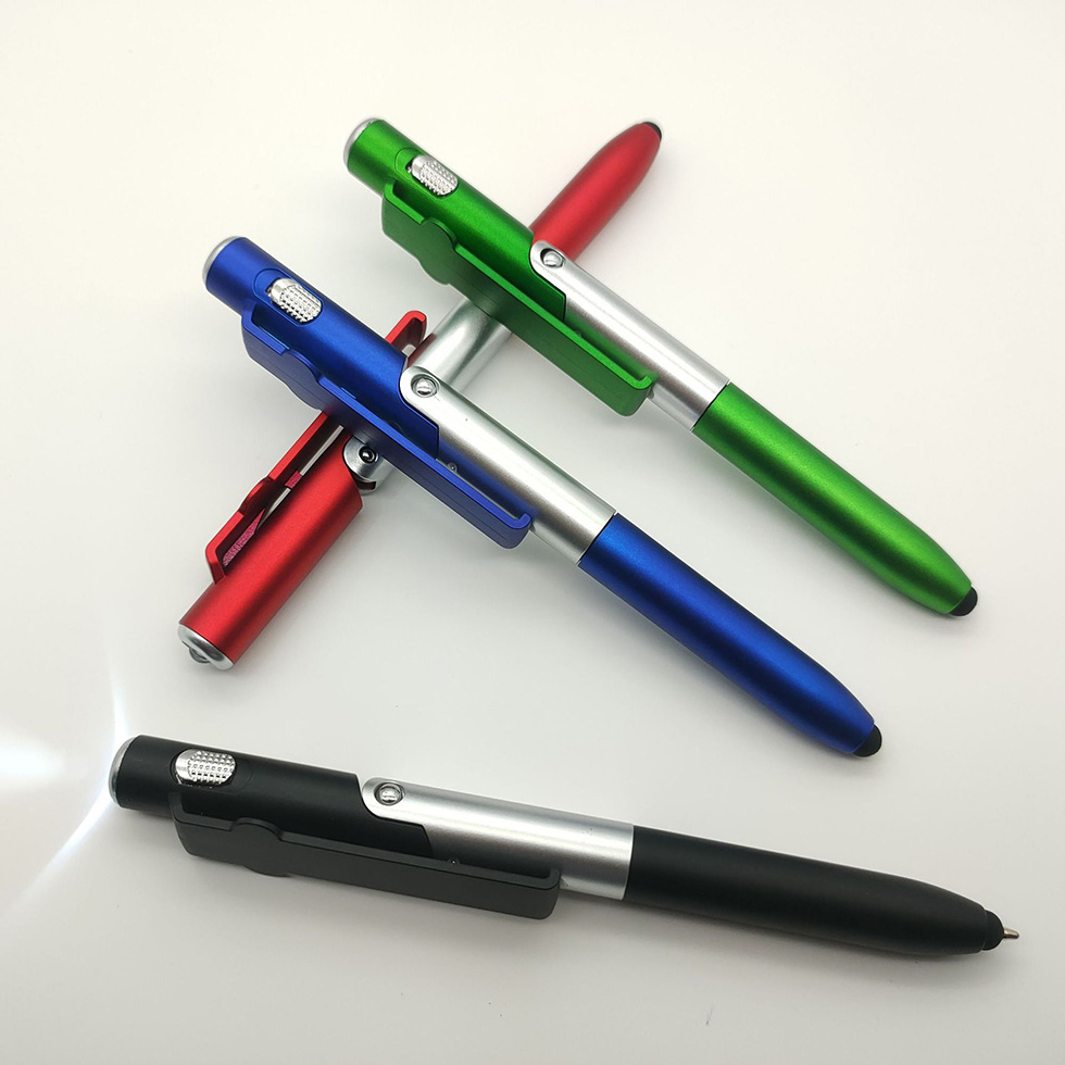 New Multi Function Twist Action Foldable Phone Stand Led Ball Pens and Stylus Pen With Flashlight