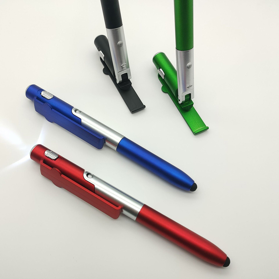 New Multi Function Twist Action Foldable Phone Stand Led Ball Pens and Stylus Pen With Flashlight