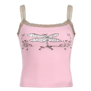 New pink lace edge printed small suspenders with U-neck slim-fit bottoming vest top