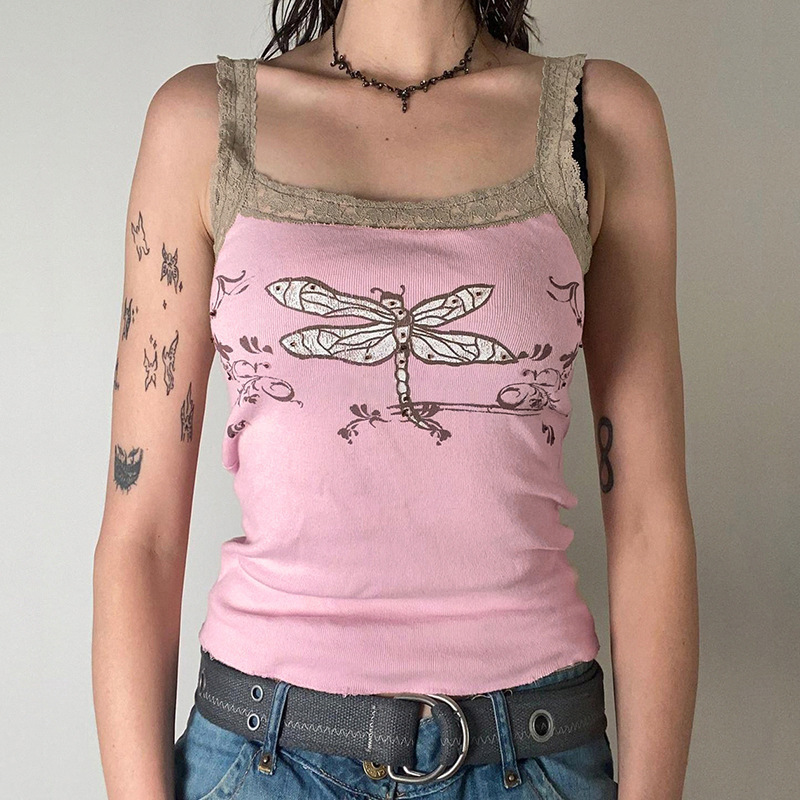 New pink lace edge printed small suspenders with U-neck slim-fit bottoming vest top