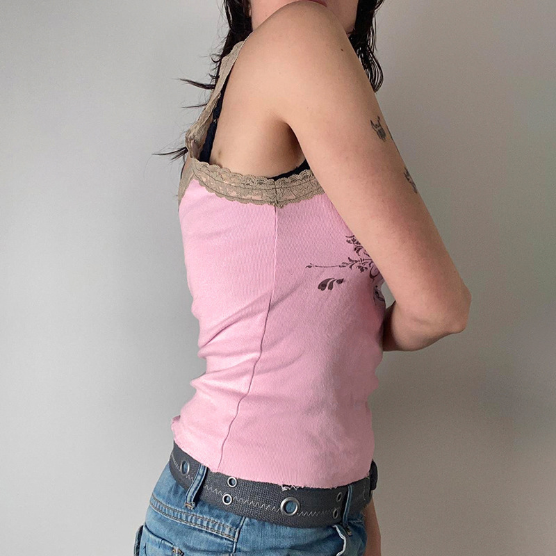 New pink lace edge printed small suspenders with U-neck slim-fit bottoming vest top