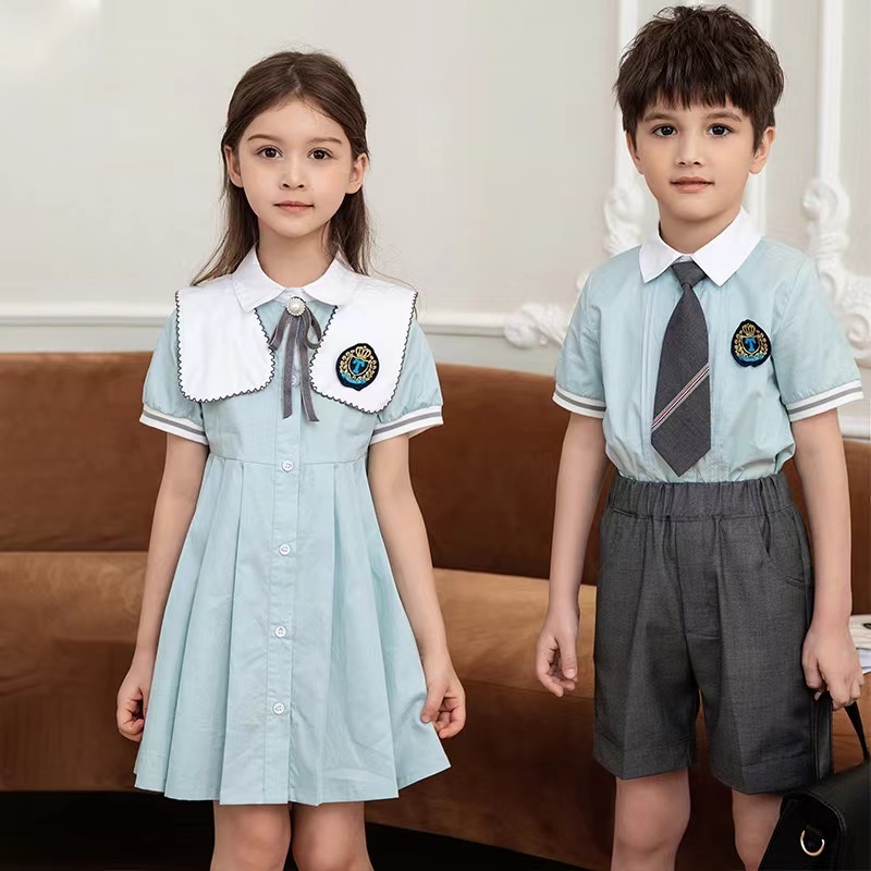 Kindergarten primary plaid royal sky blue kads baby girls button school uniforms pleated skirt  top clothes wholesale