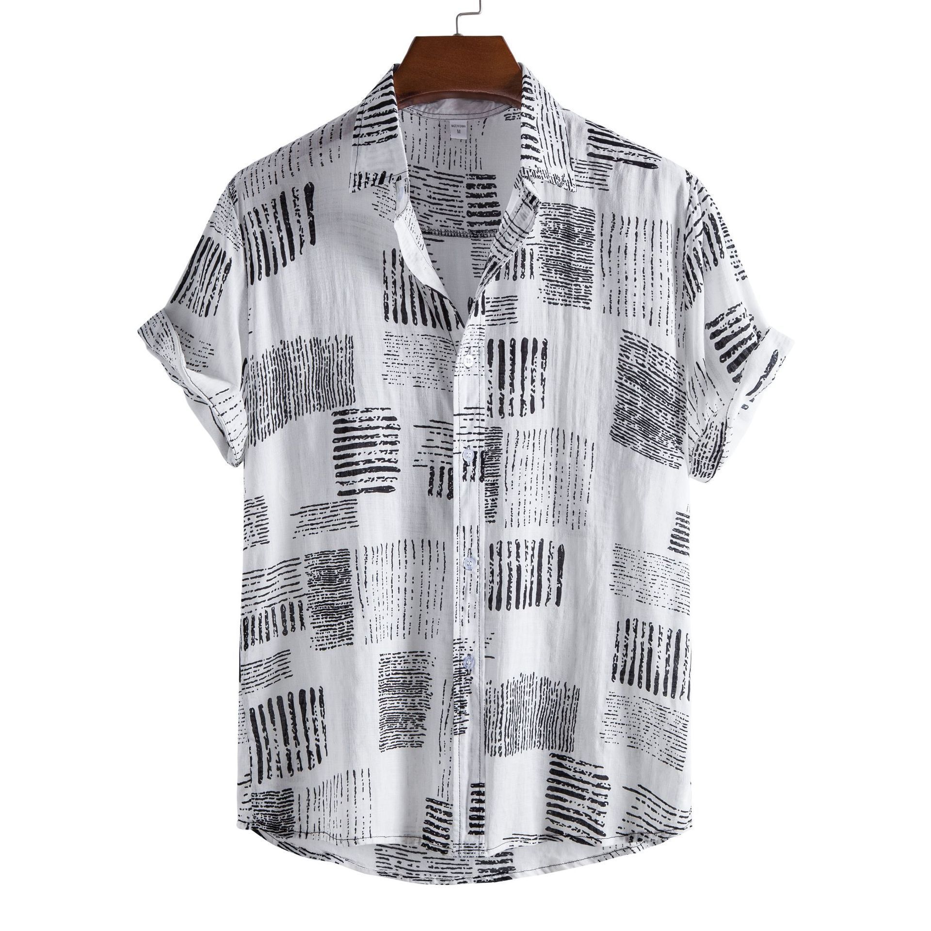 New Half Sleeve Men Fashion Black and White Printed Cotton Shirt Button Short Sleeve Hawaiian Shirt