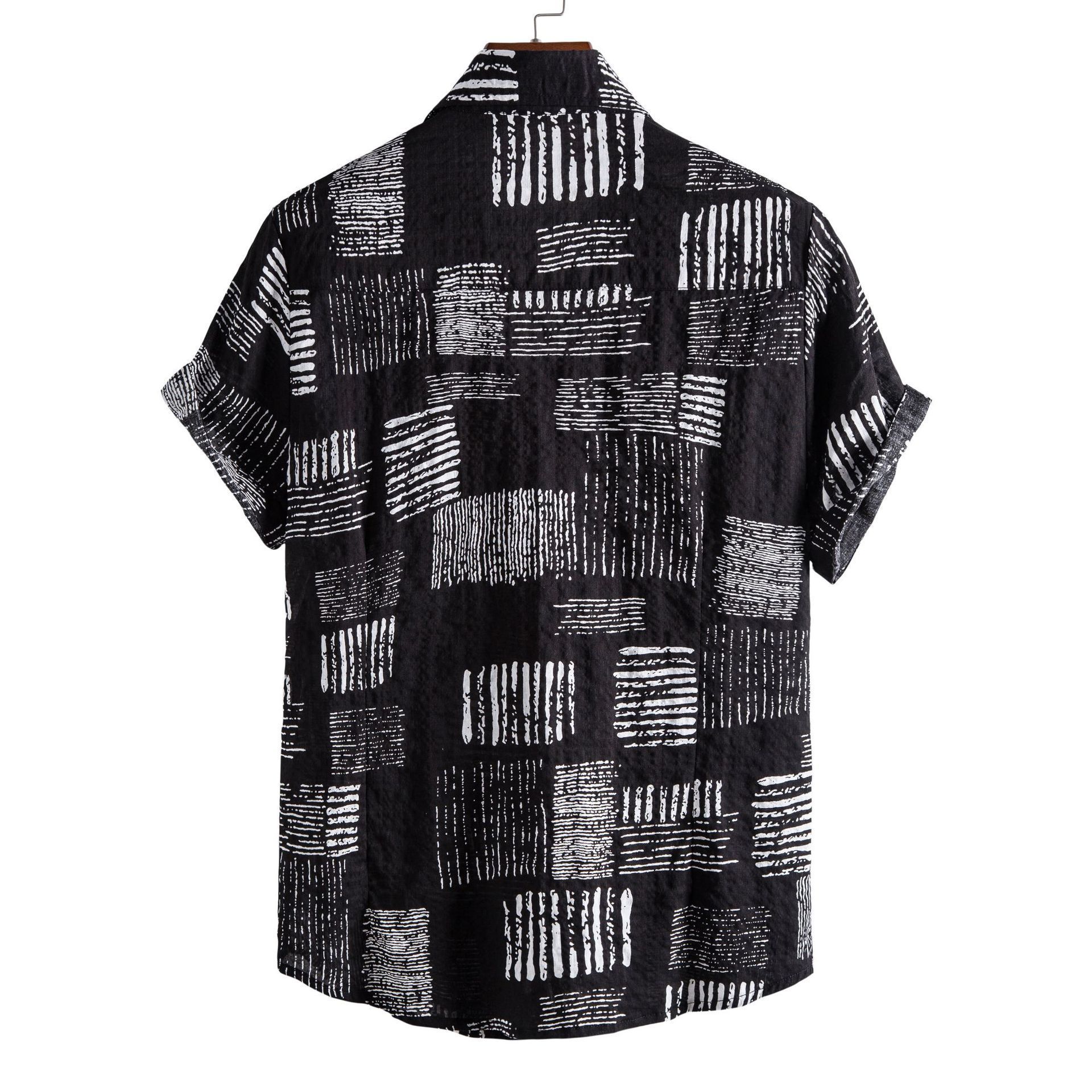 New Half Sleeve Men Fashion Black and White Printed Cotton Shirt Button Short Sleeve Hawaiian Shirt