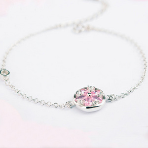 925  Silver pink diamond cz flower Bracelet