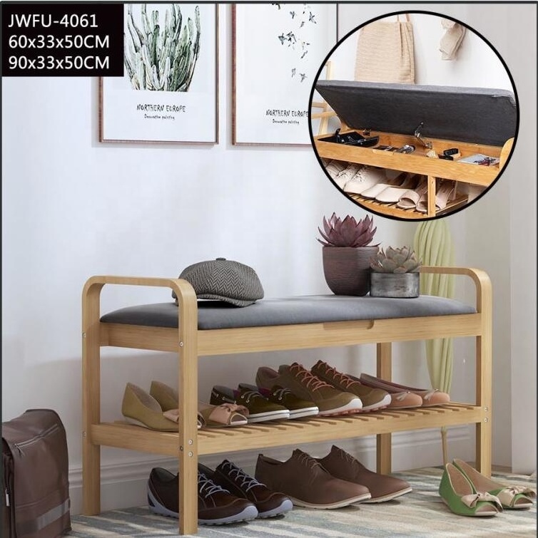 FSC-BSCI Hallway Living Room design storage shelf bamboo Shoe Racks Bench with soft seat cushion