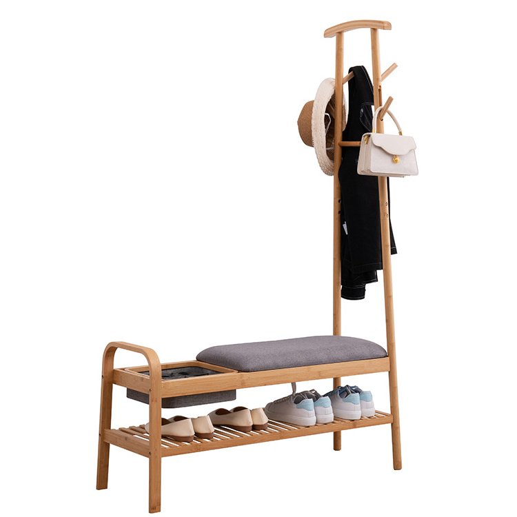 Wholesale Entryway eco-friendly modern garment stand Bamboo Shoes Rack Bench with seat, 3 in 1 Coat And Shoes Rack