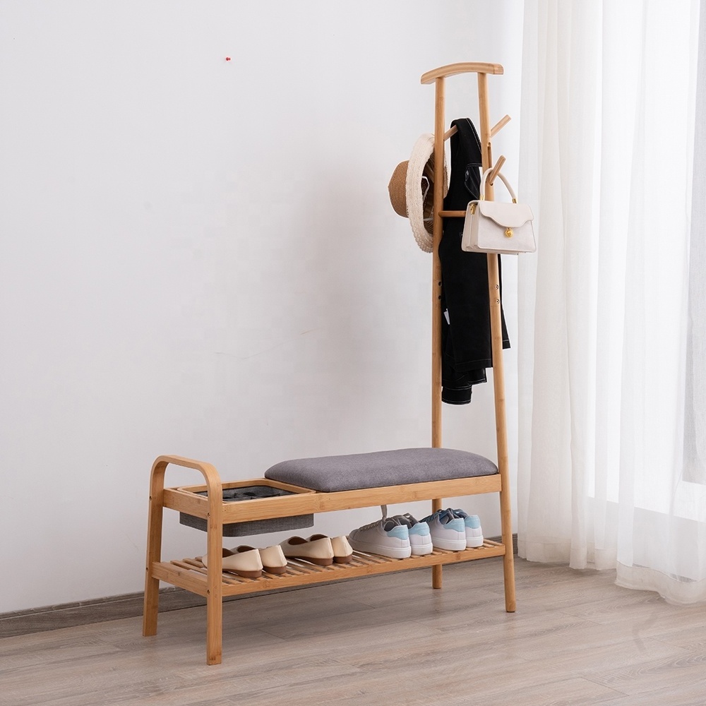 Wholesale Entryway eco-friendly modern garment stand Bamboo Shoes Rack Bench with seat, 3 in 1 Coat And Shoes Rack