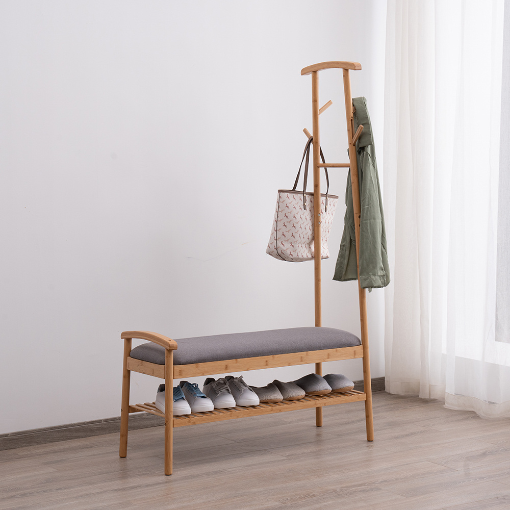 Wholesale Entryway eco-friendly modern garment stand Bamboo Shoes Rack Bench with seat, 3 in 1 Coat And Shoes Rack