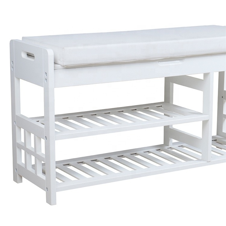 White entryway wooden shoe rack storage bench with cushion shoe