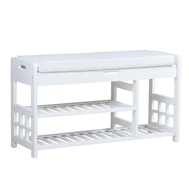 White entryway wooden shoe rack storage bench with cushion shoe