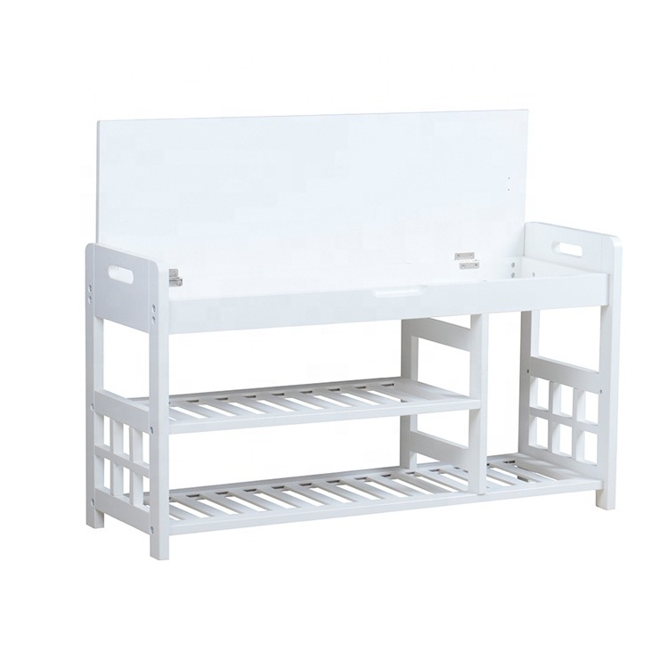 White entryway wooden shoe rack storage bench with cushion shoe