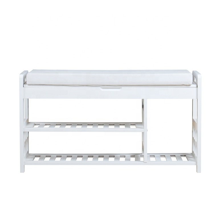 White entryway wooden shoe rack storage bench with cushion shoe