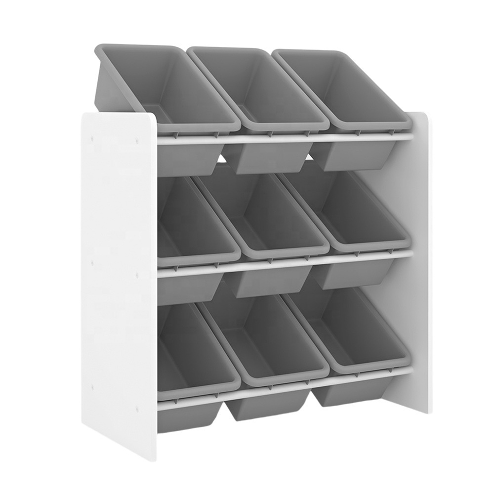 3 tier wood toddler children kids grey toy storage organizer rack shelf with plastic box bin