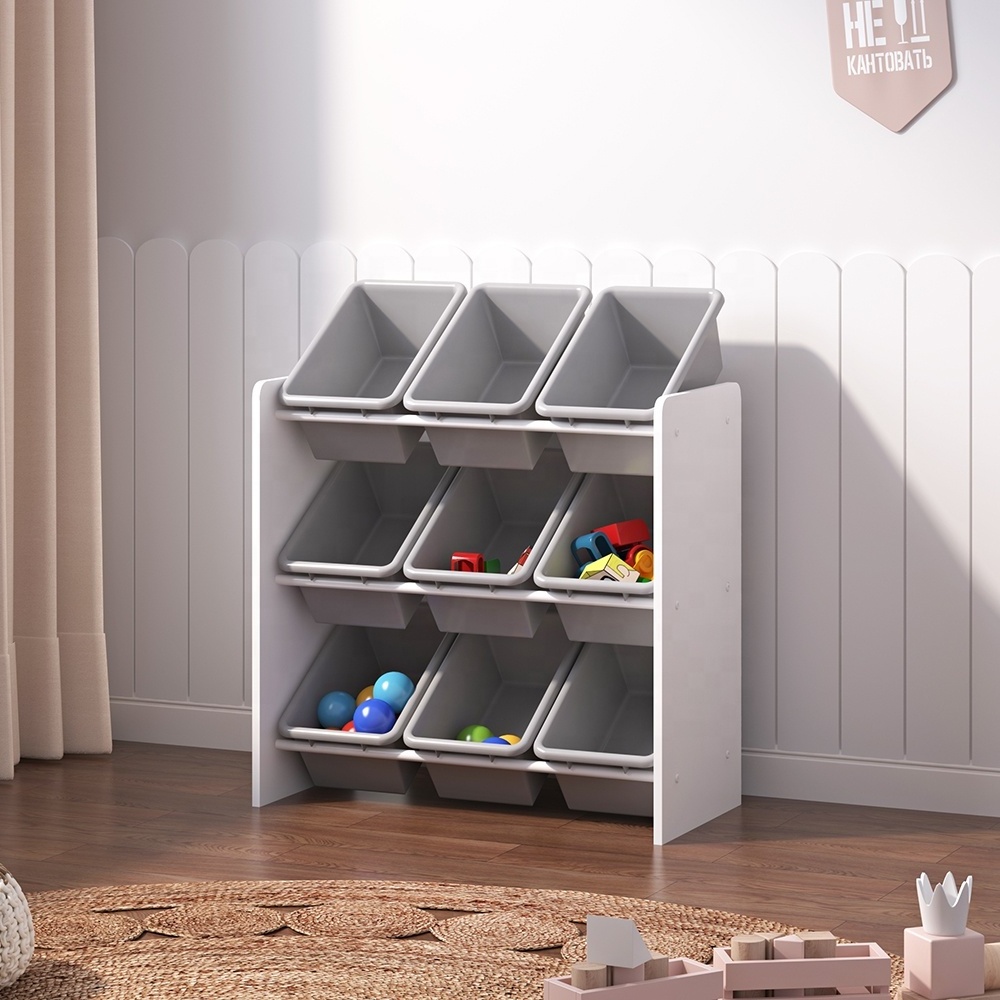 3 tier wood toddler children kids grey toy storage organizer rack shelf with plastic box bin