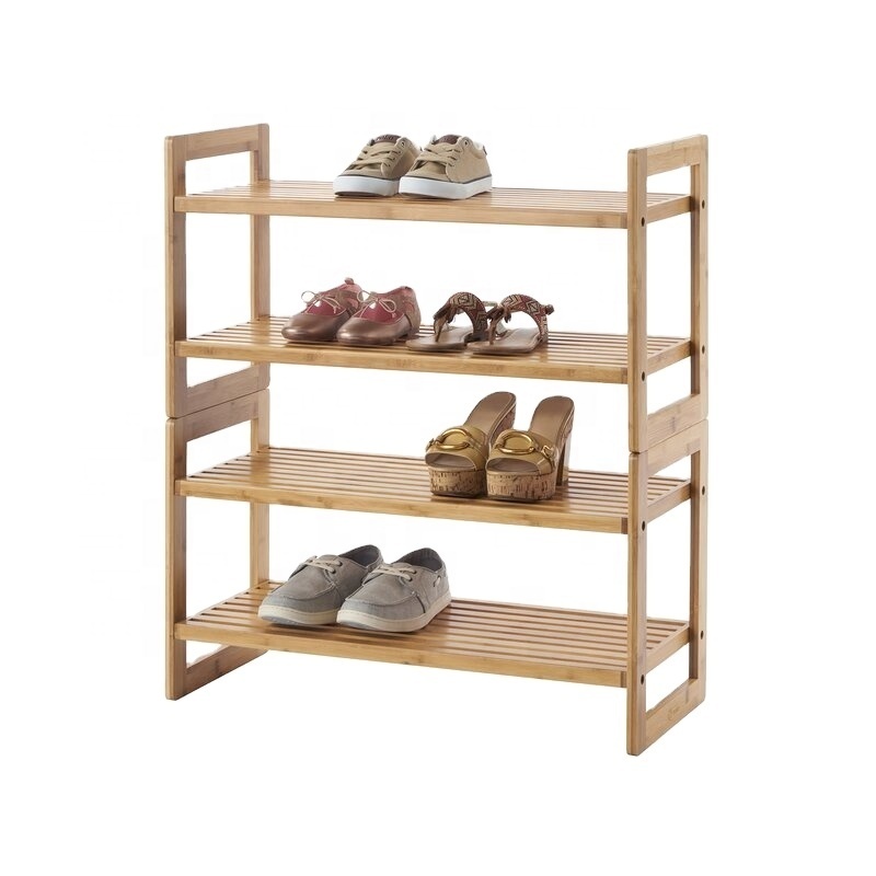 Bamboo 4 Tier Storage Organizer Simple Stackable Shoe Rack Shelf for Hallway Entryway Closet Bedroom