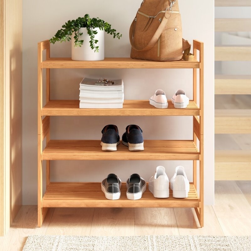 Bamboo 4 Tier Storage Organizer Simple Stackable Shoe Rack Shelf for Hallway Entryway Closet Bedroom