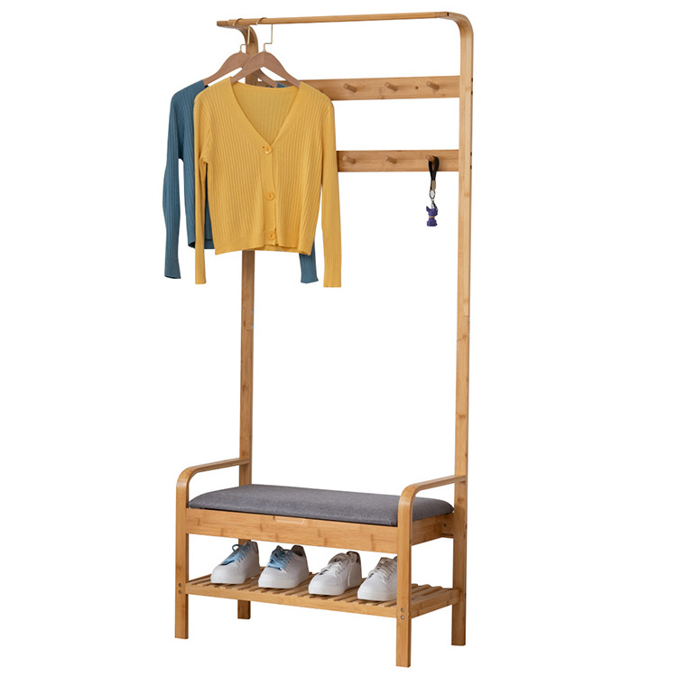 Easy Assembly 3-in-1 Design Entryway Hall Storage Shelf Bamboo Coat Rack Shoe Bench with Hooks, Shoe and Clothes Rack