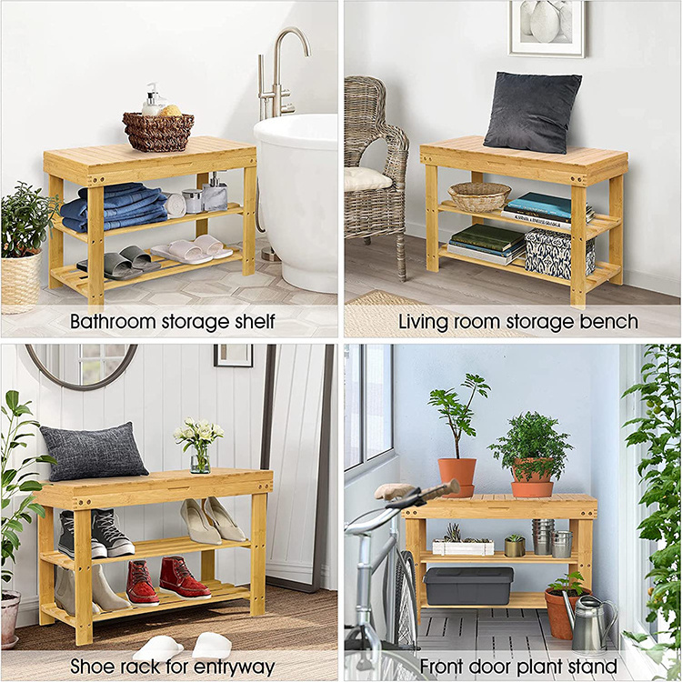 2 tier cheap outdoor indoor entryway home organizer bamboo shoe storage rack bench, shoe shelf with storage