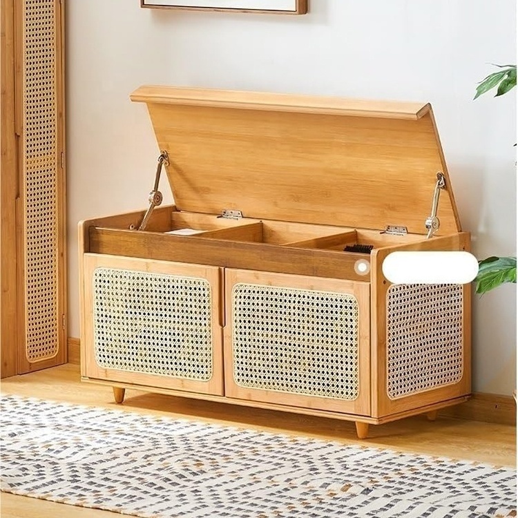 Modern entryway flip top storage bench bamboo wooden rattan shoe rack cabinet with door