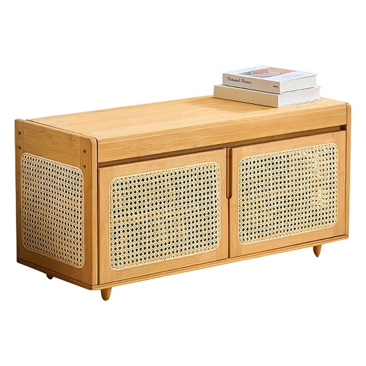 Modern entryway flip top storage bench bamboo wooden rattan shoe rack cabinet with door