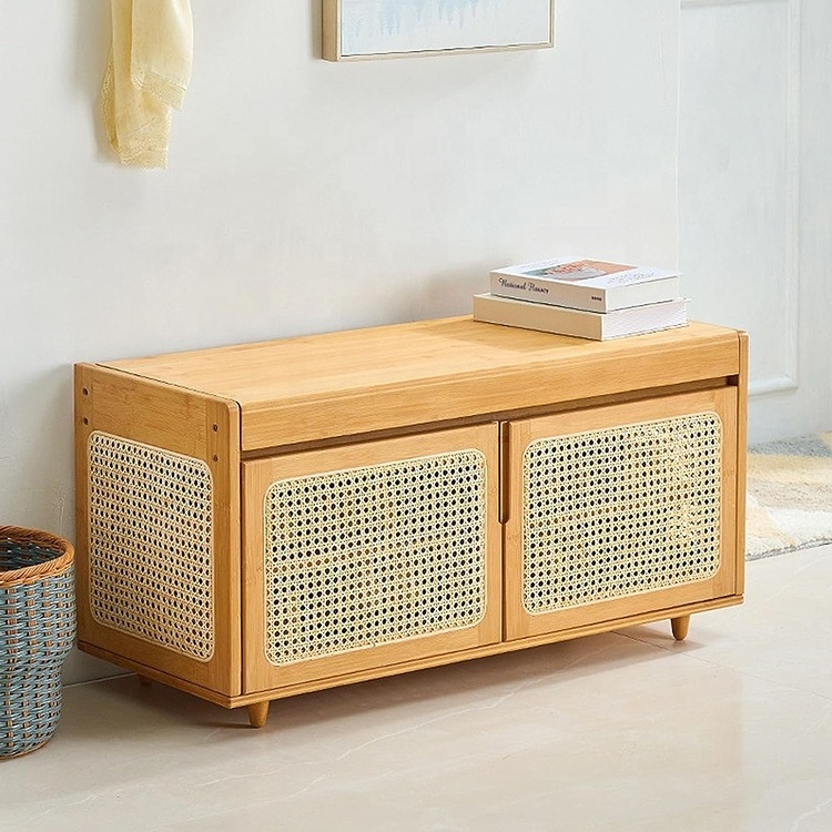 Modern entryway flip top storage bench bamboo wooden rattan shoe rack cabinet with door