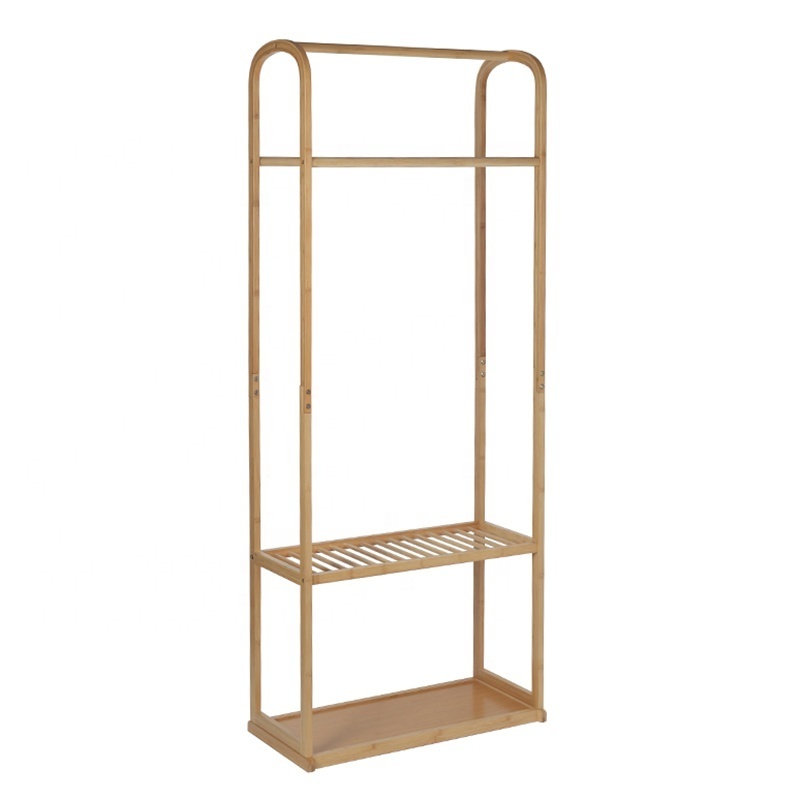 Multifunctional entrance bedroom floor bamboo coat hanger rack stand with hook and shelf