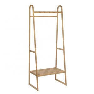 Multifunctional entrance bedroom floor bamboo coat hanger rack stand with hook and shelf