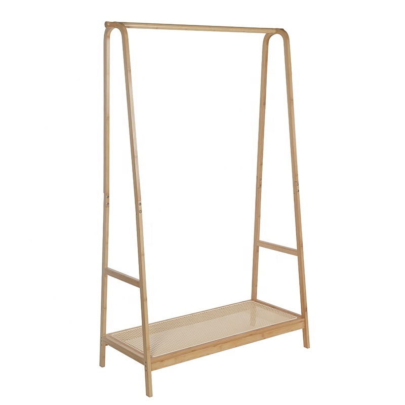 Nordic free standing bamboo clothes coat rack stand with shoe storage bench