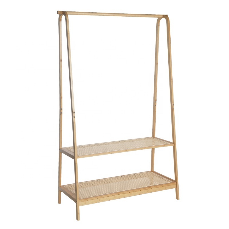 Nordic free standing bamboo clothes coat rack stand with shoe storage bench