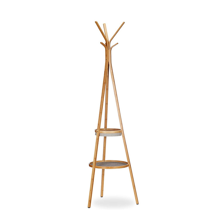 Free Standing Nordic Design Bedroom Modern Portable Corner Standing Wood Bamboo Tree Clothes Coat Rack