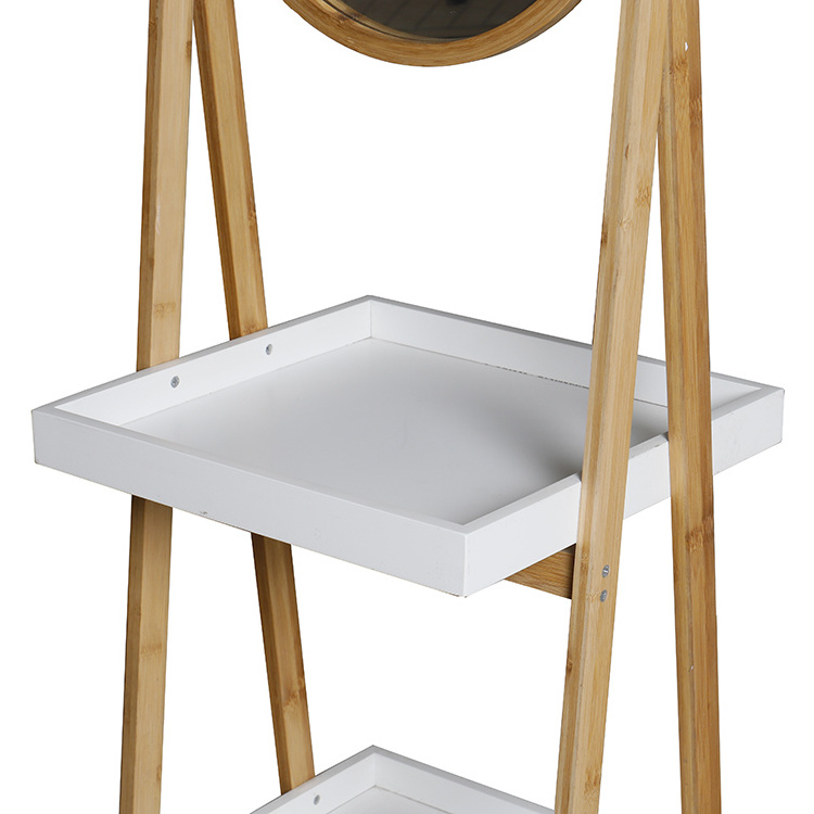 Ladder design corner 3 tier Washroom Toilet Bathroom bamboo storage shelf with mirror