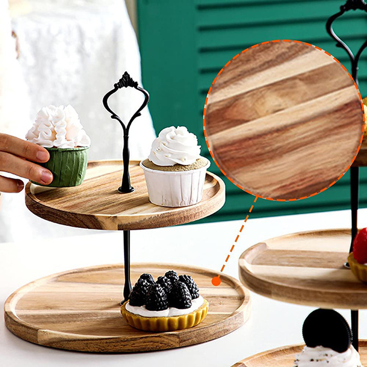 Wholesale round 2 tier vertical wedding mini cake display holder shelf serving tray wooden cupcake stand