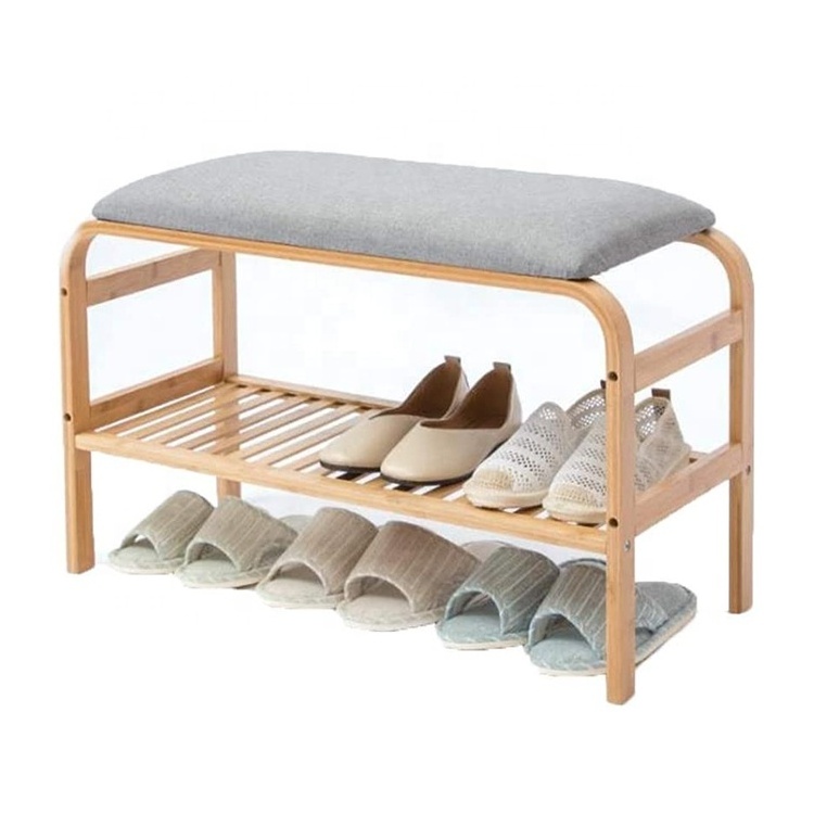 Modern home living room eco friendly entryway cushion storage natural bamboo shoe rack bench