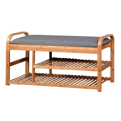 FSC-BSCI entryway furniture modern bamboo storage shelf shoe rack bench with soft seat cushion