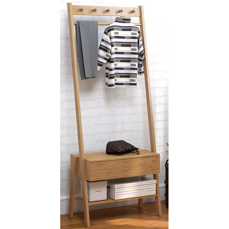 Hot sale floor stand clothing hanger 4 hook bamboo clothes coat rack with storage drawer, coat hanger stand