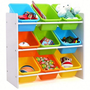 3 Tier Eco-friendly Wood Baby Kid Toy Storage Organizer with 9 Colorful Storage Bins, toy rack shelf