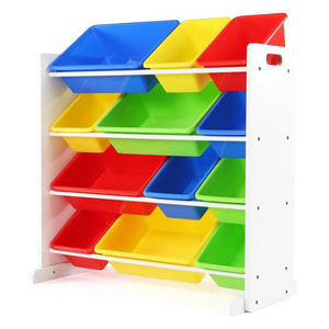 ASTM Custom white wood children kids toy storage rack organizer with 12 removable multiple color plastic bins