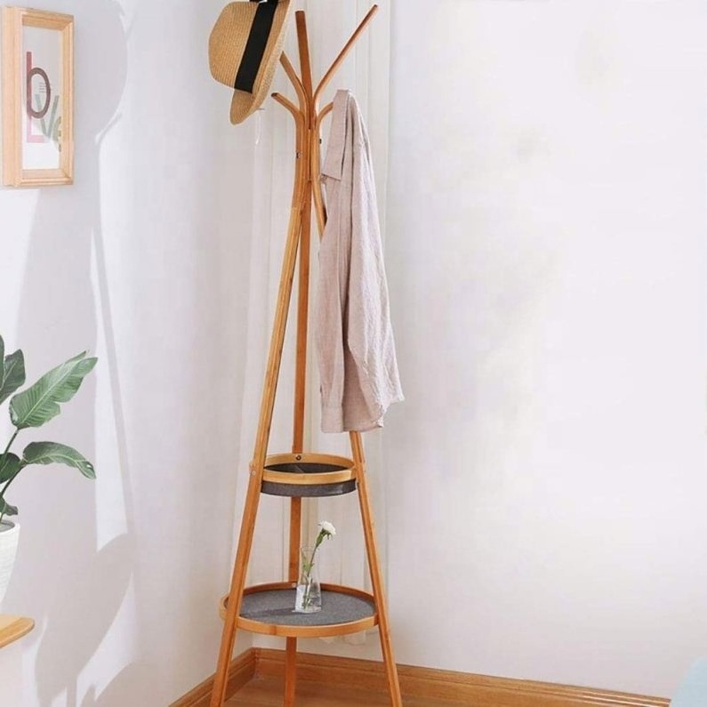 Floor Free Standing Bamboo Hat Tree Coat Hanger Stand with 3 Shelves, storage bamboo coat rack