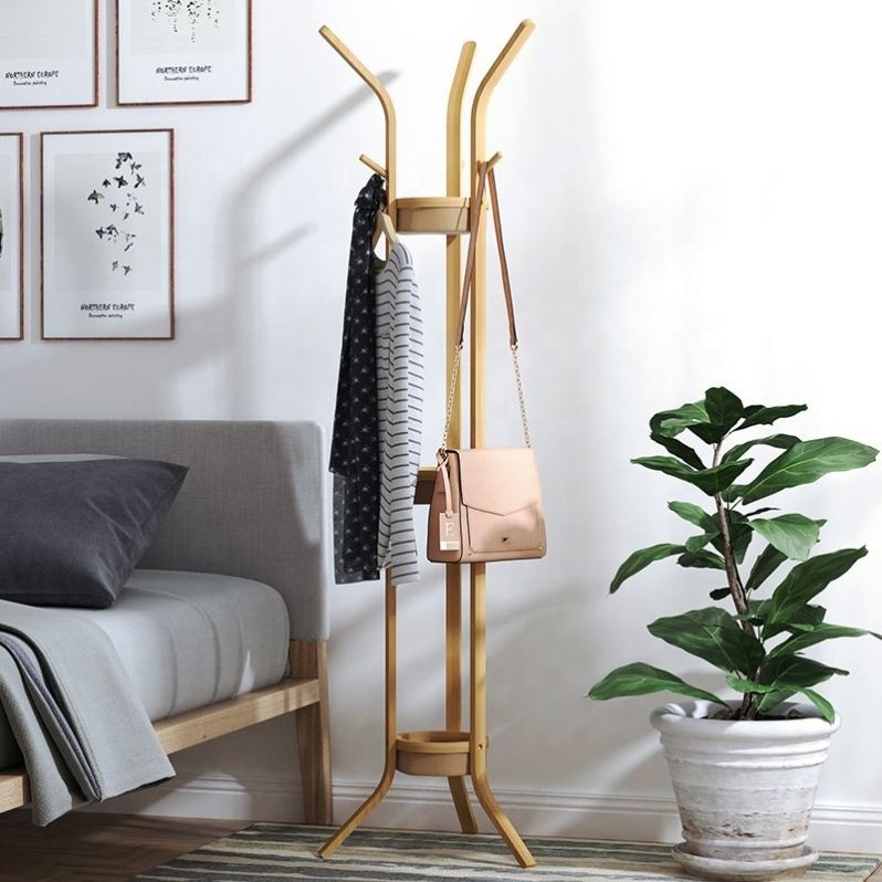 Floor Free Standing Bamboo Hat Tree Coat Hanger Stand with 3 Shelves, storage bamboo coat rack