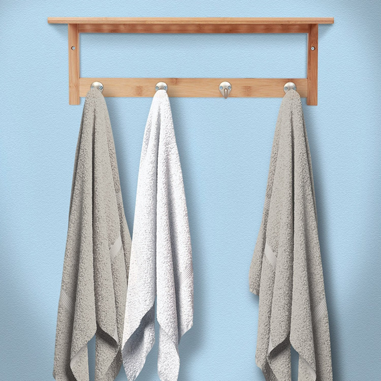 Modern simple wall mounted bathroom hotel bamboo hook towel storage rack, towel rack with hook