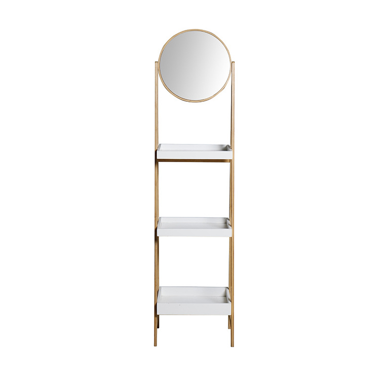 Ladder design corner 3 tier Washroom Toilet Bathroom bamboo storage shelf with mirror