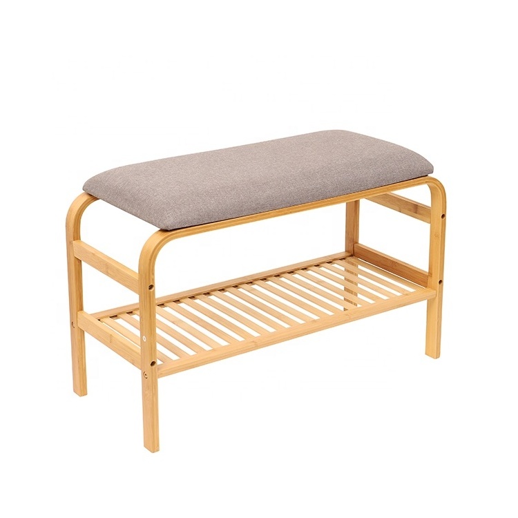 Modern home living room eco friendly entryway cushion storage natural bamboo shoe rack bench