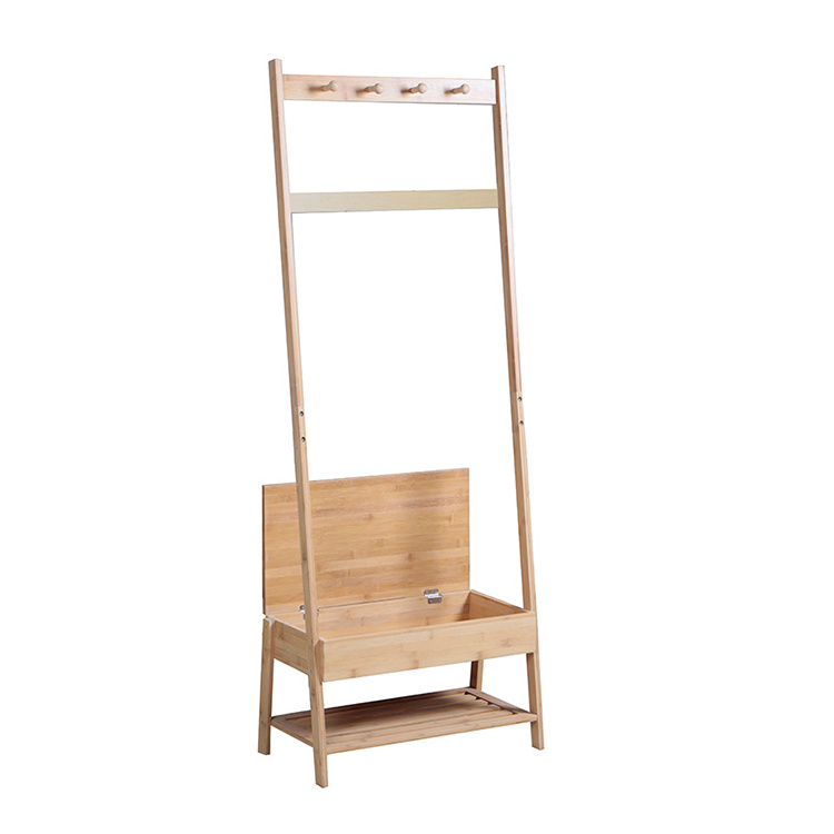 Hot sale floor stand clothing hanger 4 hook bamboo clothes coat rack with storage drawer, coat hanger stand