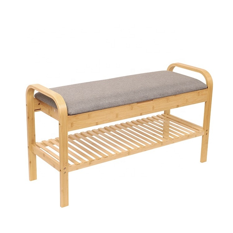 FSC-BSCI Hallway Living Room design storage shelf bamboo Shoe Racks Bench with soft seat cushion