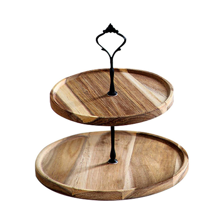 Wholesale round 2 tier vertical wedding mini cake display holder shelf serving tray wooden cupcake stand