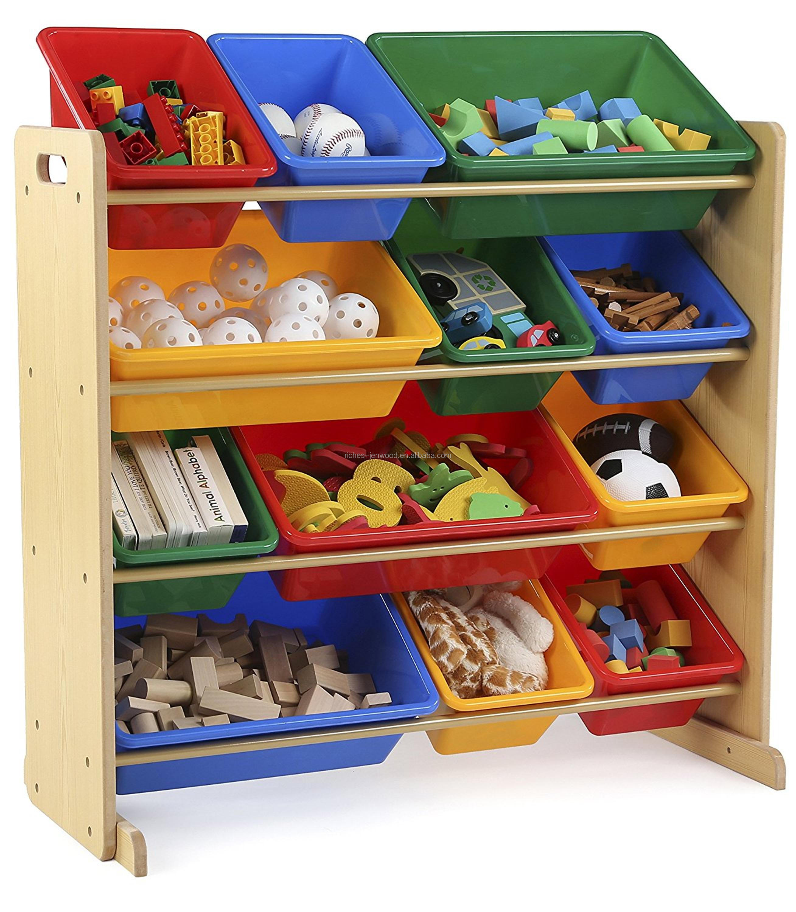 Wholesale Eco Friendly Safe Children Storage Shelves Kids Toy Organizer with Plastic Bins, toy organizer with book shelf