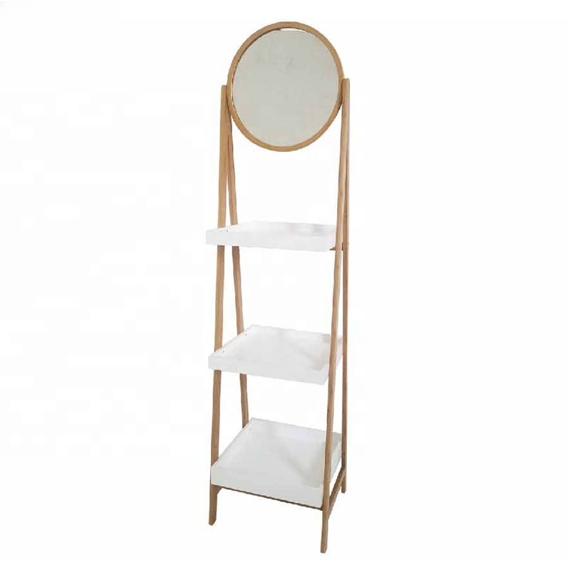 Ladder design corner 3 tier Washroom Toilet Bathroom bamboo storage shelf with mirror