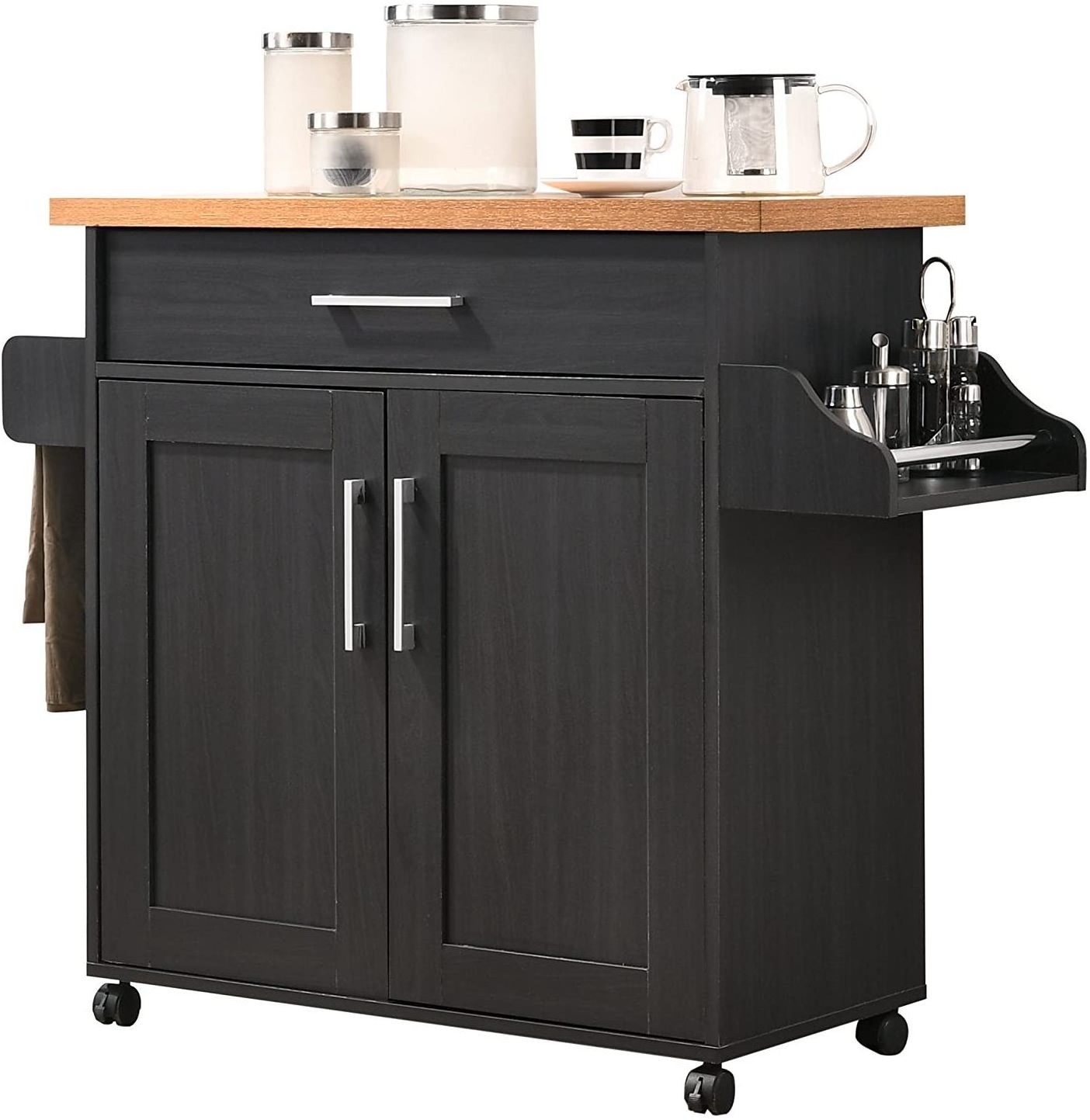 OEM black wood modern rolling buffet bar furniture storage cabinet kitchen island cart trolley with wheels