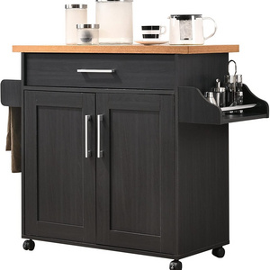 OEM black wood modern rolling buffet bar furniture storage cabinet kitchen island cart trolley with wheels